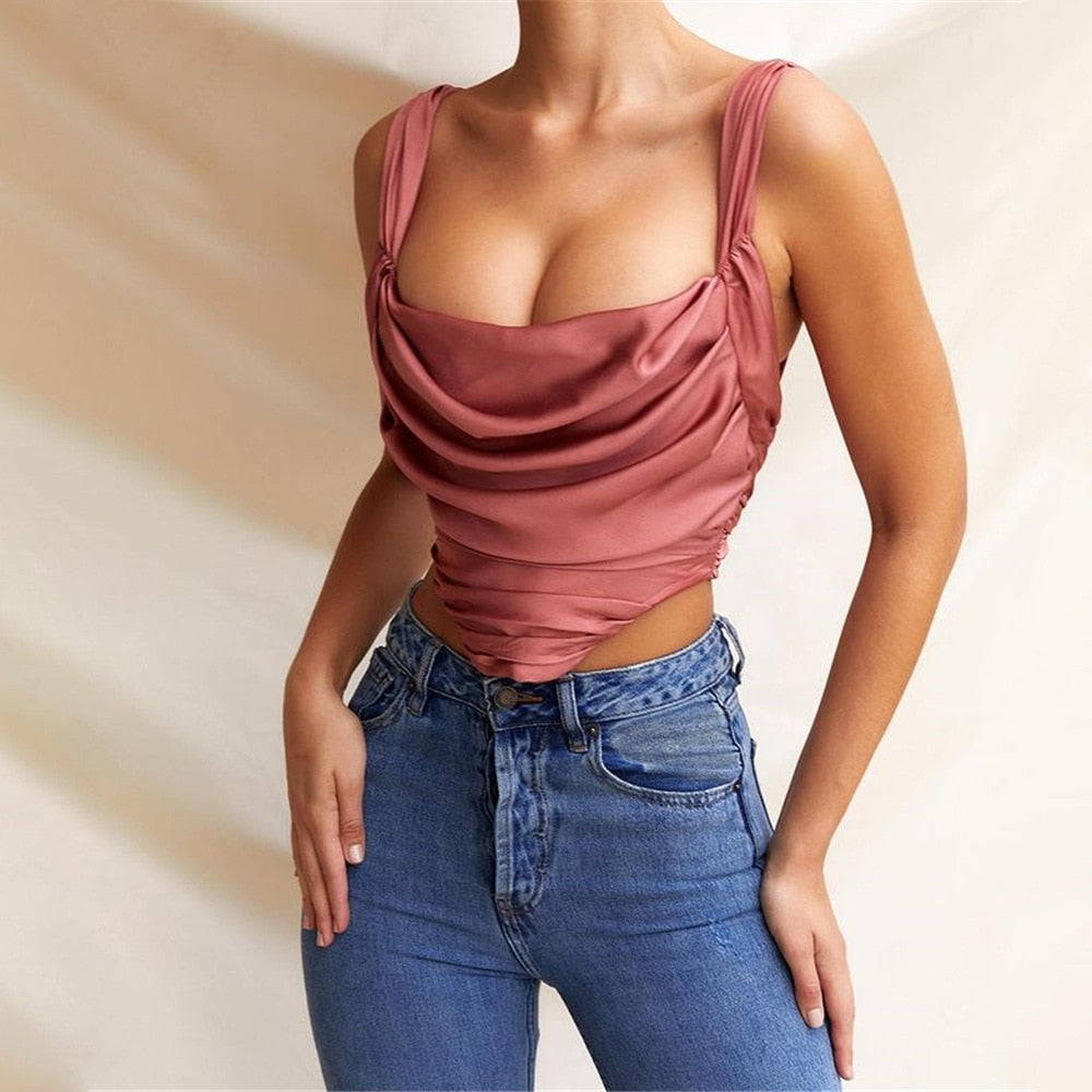 Prettyswomen 2022 Spaghetti Strap Sexy Backless Ruched Bustier Corset Crop Tops Women Satin Sleeveless Summer Vacation Top Cropped Club Outfits