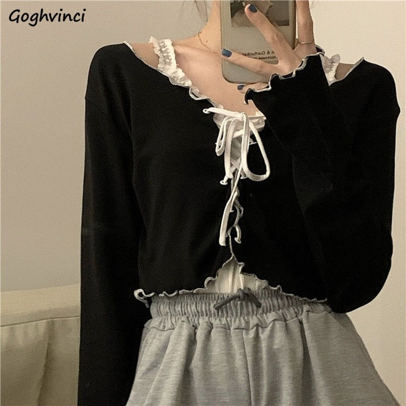 Prettyswomen Women Long Sleeve T-Shirts Lace-Up Patchwork Ruffles Trendy Sweet Lovely Crop Tops Sexy Females Leisure Chic All-Match Outwear