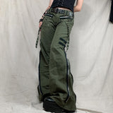 Prettyswomen y2k Grunge Green Zipper Jeans Bandage Low Waist Cargo Pants Gothic Punk Baggy Retro Kawaii Trousers Women Korean Sweatpants