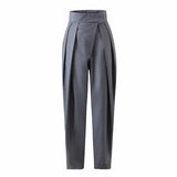 Prettyswomen High Street Solid Color Pleated Hook And Loop Fastener Suit Pants Autumn Korean Loose Casual Trousers Women Thin VEPH