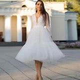Short Wedding Dresses 2022 V-Neck Midi Length Lace Long Sleeves Beach White Ivory Dress Illusion vestido de novia