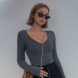 2022 Spring Autumn Slim Sexy Women T-shirt Long Sleeve T shirt U-Neck Gray Tees Female Solid Black/White Korean Crop Tops Y2k