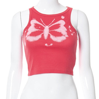 Y2K Aesthetics Kawaii Butterfly Print Brown Crop Tops Indie Streetwear O-neck Sleeveless Tanks 90s Fashion Party Vests