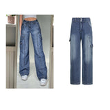 y2k Jeans Retro Sashes Denim Pants Ruched Drawstring Cargo Pants Women Big Pockets Trousers Women Streetwear Jeans 90s