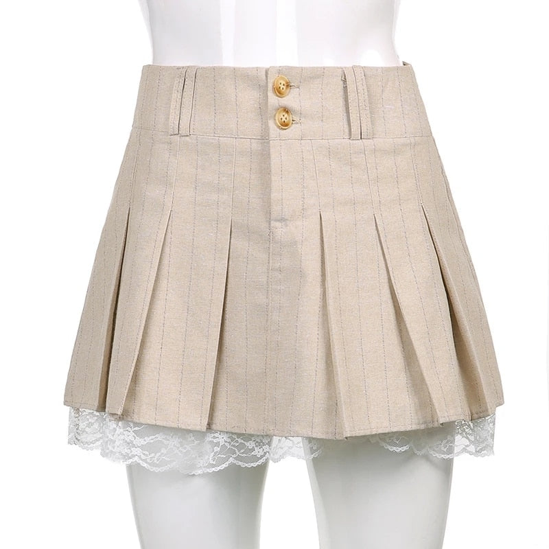 Streetwear Kawaii High Waist Lace Trim Pleated Skirts Egirl Vintage Patchwork Khaki Skirt Korea Fashion Cute Bottoms