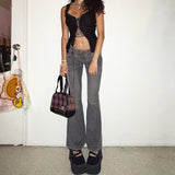 y2k Grey Flare Jeans Lace Up Cute Retro Trousers Low Waisted Patchwork Cargo Pants Aesthetic Korean Chic Women Jeans