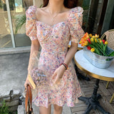 Summer Women’s Floal A-Line Dress Sweet y2k Elegant Floral Ruffles V-neck Bandage Short Dress for Lady Chic Flowers Mini Dress