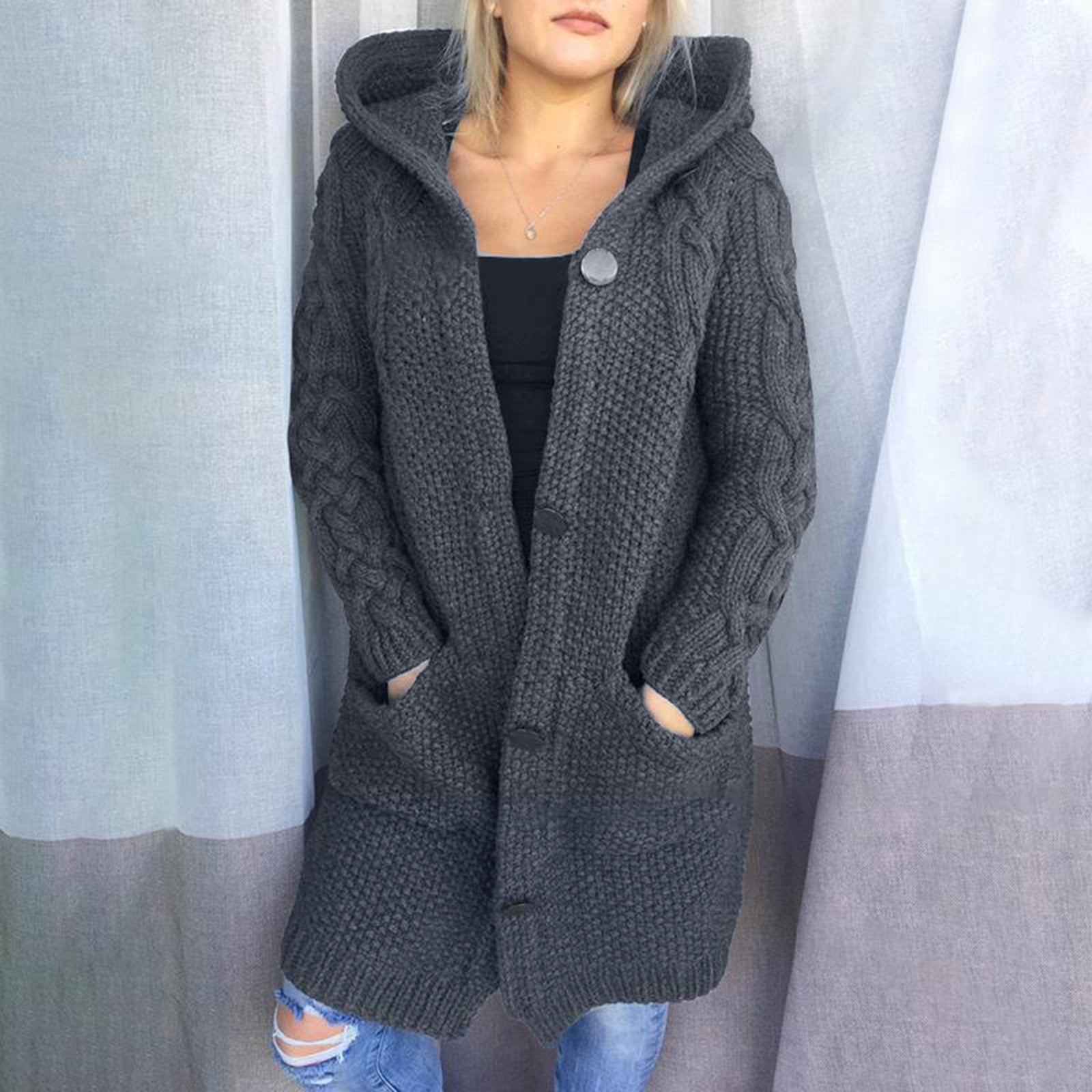 Black Friday Sales Winter Fashion Long Sweater Women Cardigan Solid Color Knitted Hooded Sweaters Korean Style Thick Open Front Long Overcoat