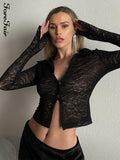 Prettyswomen Black Lace Sexy Crop Top Long Sleeve V Neck Spring Autumn Y2k See Through Women T Shirts Party Vintage 2021