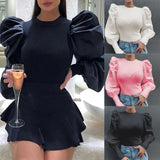 Women Mesh Puff Long Sheer Sleeve Tops Pullover Blouse Shirts Casual Party Club