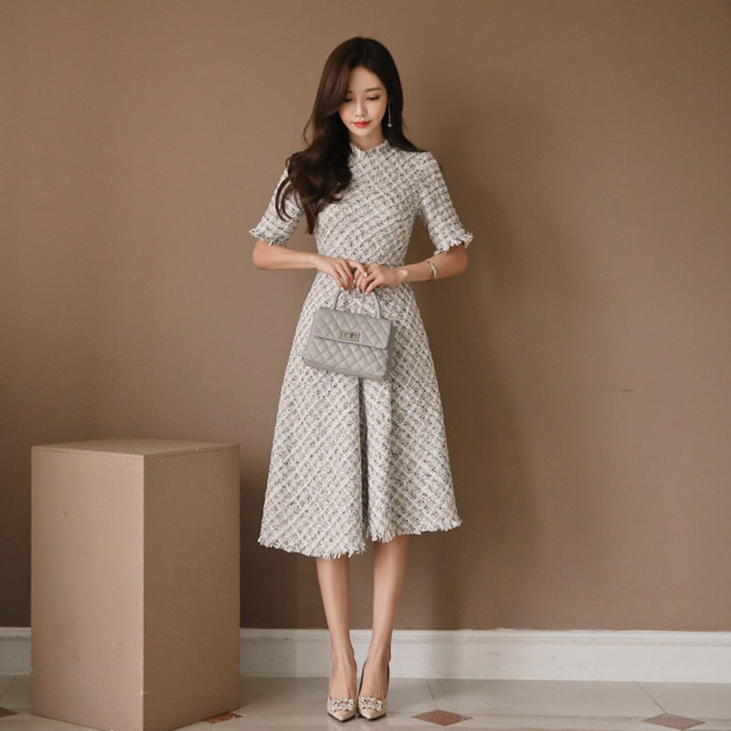 Prettyswomen New Arrival Korean Fashion Women's Thick Warm Formal Office Casual Dress Slim Sweet Vintage Party A-Line Dress Veatido