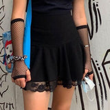 Prettyswomen Black Goth Y2K Pleated Skirt Woman Punk Style Dark Academia Aesthetic Vintage Mini Skirts Lace Edge High Waist Saias