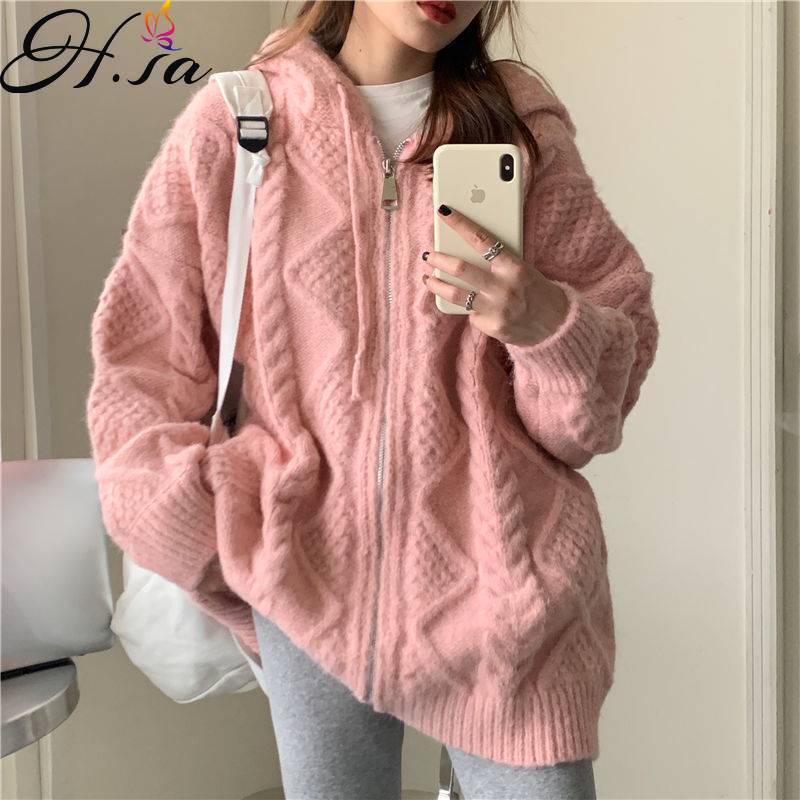 Black Friday Sales Hsaretro Oversized Sweater Cardigans Long Hooded Zipper Sweater Coat For Women 2022 New Winter Coat Twisted Sweater Coat