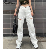 Prettyswomen  Vintage Hollow Out Women'S Jeans Pockets White Harajuku Korean Baggy Straight Pants StreetWear Wide Leg Jeans