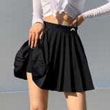 Women Elegant Gothic Pleated Mini Skirts Elastics High Waist Embroidery Preppy Style A Line Skirt Casual Dance Skirt