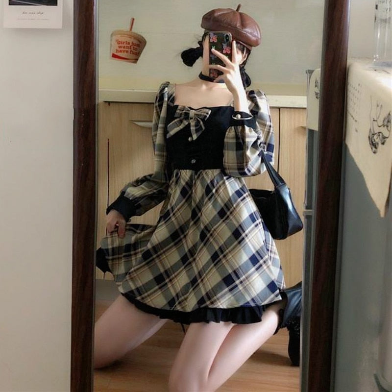 Gothic Lolita Dress Women Plaid Kawaii Bow Party Mini Dress Ruffles Vintage Japan Korean Sweet Dress New 2022 Women's Autumn