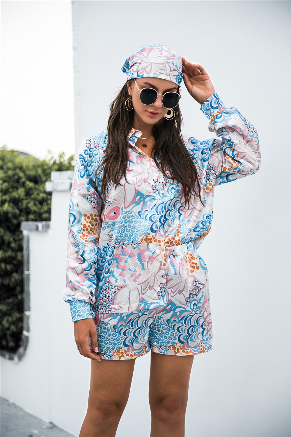 Prettyswomen hirigin 2pcs Beach Styles Satin Sets Women Fashion Scenery Pattern Button-down Shirts and Shorts 2021 New Summer Casual Sets