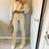 Prettyswomen 2022 Women’s Split Casual Trousers Fashion Solid Color High-waist Slim Fit Sweatpants Fashion Lady Elastic Waist Bell-Bottoms Pants