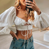 Women Summer New Sexy Lace Up Hollow Out Bandage Shirt Square Collar Long Puff Sleeve Slim Fit Crop Top Blouse Streetwear 2022