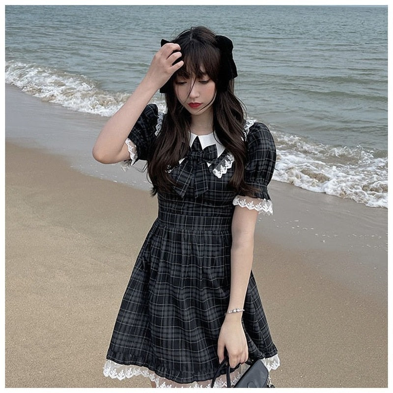 Kawaii Sweet Plaid Lace Dress Female Japanese Lolita Bow O-Neck Bubble Sleeve Dresses Holiday Mini Dresses for Women Summer 2022