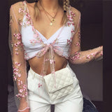 2022 Summer Women Fashion Transparent Embroidery Lace Headband Pink Floral Tops Blouse Ladies Flowers Style Bandage Clothing