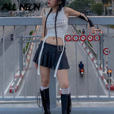 Y2K Aesthetics Grunge Letter Print Bandage Halter Crop Tops E-girl Streetwear Sleeveless Irregular White Tanks Harajuku