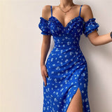 Vacation Beach Dress Women Floral Printing Off Shoulder Sling Split Vestidos Summer Ladies Short Sleeve Strappy Ruched Dresses