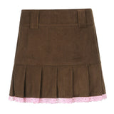 Graduation  Brown Corduroy Pleated Skirts Women Vintage 90s Aesthetic School Girl Mini Skirt Lace Trim Hem Cute Kawaii Clothes