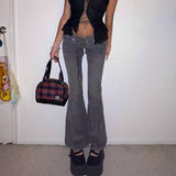 y2k Grey Flare Jeans Lace Up Cute Retro Trousers Low Waisted Patchwork Cargo Pants Aesthetic Korean Chic Women Jeans