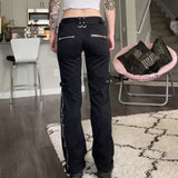 Metal Zipper Flare Jeans Goth Black Low Waisted Cargo Pants Pockets Punk Academic Fashion Sweatpants Women Korean Jean