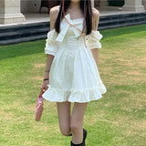 White Kawaii Fairy Strap Dress Women Patchwork Off Shoulder Sexy Party Mini Dresses Bow Ruffle Sweet Cute Princess Sundress 2022