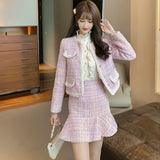 Prettyswomen Autumn Winter Gentle Sweet Pink Tweed Causal Short Jacket Coat + High Waist Elegant Skirt 2 Piece Set Suit For Women