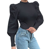 Women Mesh Puff Long Sheer Sleeve Tops Pullover Blouse Shirts Casual Party Club