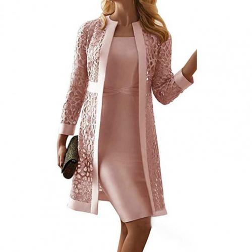 Prettyswomen Women Outfit Solid Color Lace Cardigan Long Sleeve Knee-Length Dress Coat Set Ladies Elegant Office Coats Two Piece Outfits