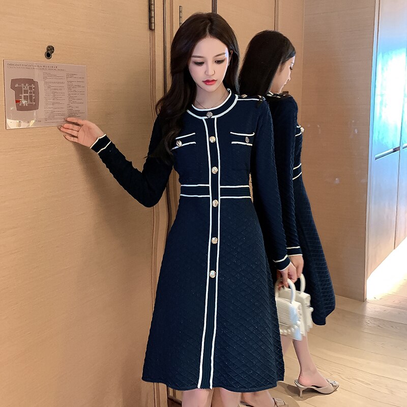 Prettyswomen New Autumn Winter O-Neck And Long Sleeve Knitted Dress Women's Slim Waist Button Fashion Bright Shinny Outfit Vestido
