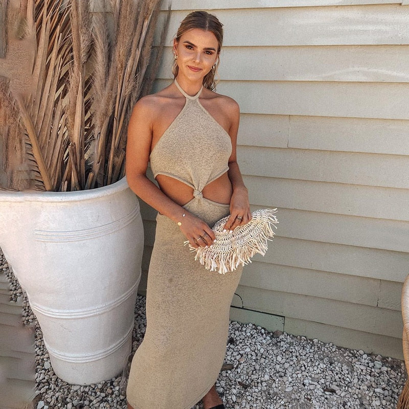Back to college  Sexy Vacation Outfits Knitted Halter Maxi Dresses For Women 2022 Elegant Dress Sets Holiday Beach Sundresses C76-CZ25