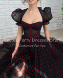 Black Tulle Short Prom Party Gowns with Red Heart Cap Sleeves Tes-Length Formal Evening Dresses Women Special Party Dress