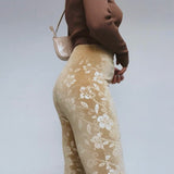 Flare Pants Velvet Flocking Floral Women High Waist Trousers Autumn Winter Khaki Fashion Sexy Hot Girls Y2K Streetwear