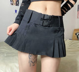 Mall Goth Y2K  Double Buckle Trim Low Waist Skirts Grunge Aesthetics A-line Solid Pleated Skirt Retro Outfits Women 2022