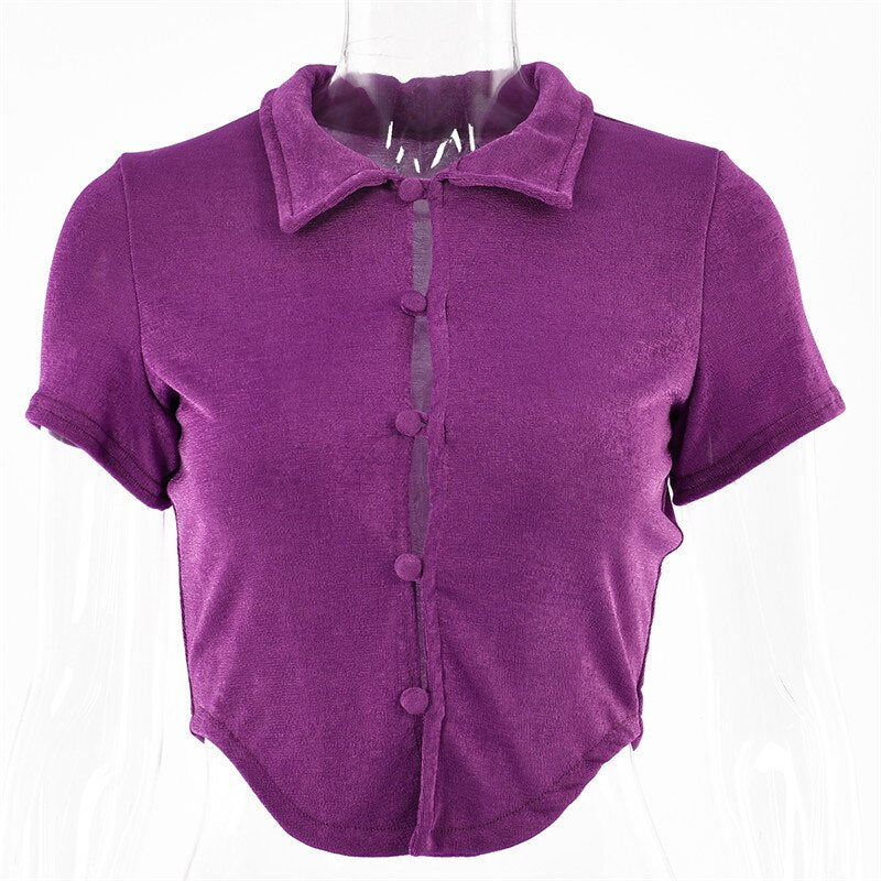 Prettyswomen Single-breasted T Shirts Women Purple Short Sleeve Turn-down Collar Tops Women Summer Casual Streetwear Skinny T-Shirts