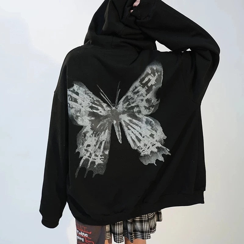 Prettyswomen Harajuku Y2K Autumn Women Jacket Sweatshirt Zipper Butterfly Print Hooded Long Sleeve Loose Print Female Hoodies Plus Size Tops