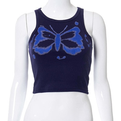 Y2K Aesthetics Kawaii Butterfly Print Brown Crop Tops Indie Streetwear O-neck Sleeveless Tanks 90s Fashion Party Vests
