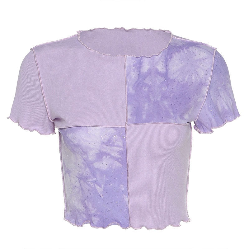 Chic Crop Tops Tees Tie Dye With Sequin Patchwork Women Summer T-shirts Ruffles Hem Purple Or Bule Clothes