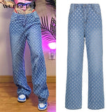 Prettyswomen Fashion Plaid Hollow Out Streetwear Jeans Women Club High Waist Button Fly Straight Pants Korean Baggy Denim Holes Pants