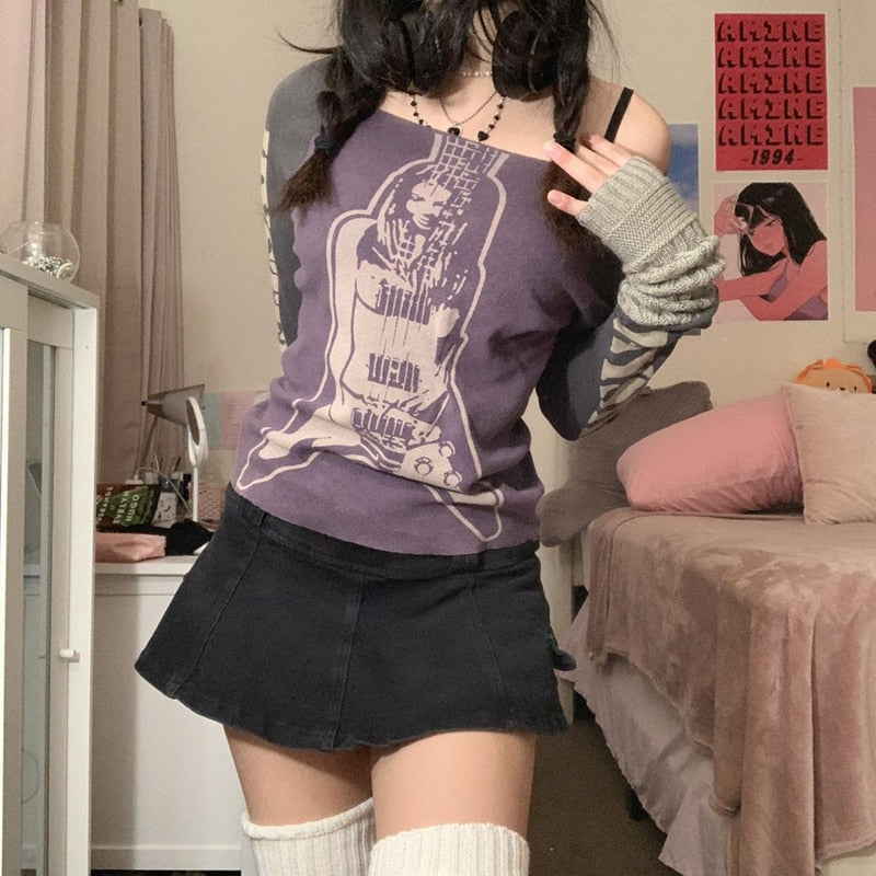 Prettyswomen Y2K Oversized Black Design T-Shirt Women E-Girl Punk Hip Hop Harajuku Streetwear Vintage Mall Goth Long Sleeve Loose Tees Shirt