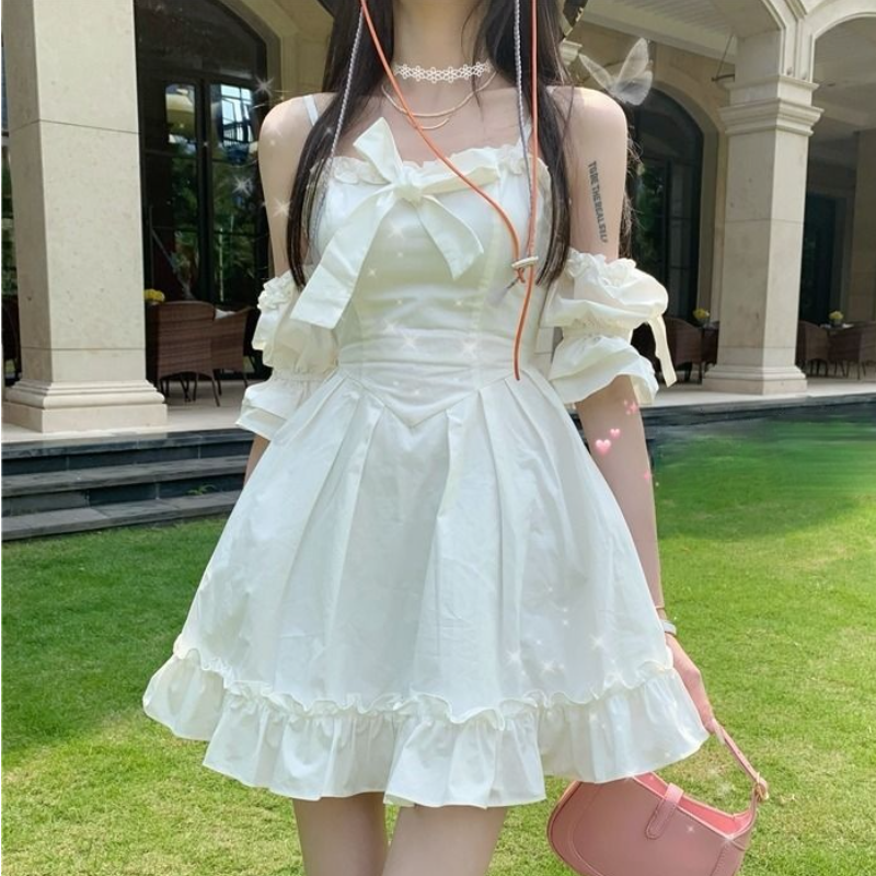 White Kawaii Fairy Strap Dress Women Patchwork Off Shoulder Sexy Party Mini Dresses Bow Ruffle Sweet Cute Princess Sundress 2022