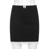 E-girl Sweet Bow Lace Trim Black Skirts Aesthetics Solid High Waist Bodycon Short Skirt Clubwear 90s Vintage Bottoms