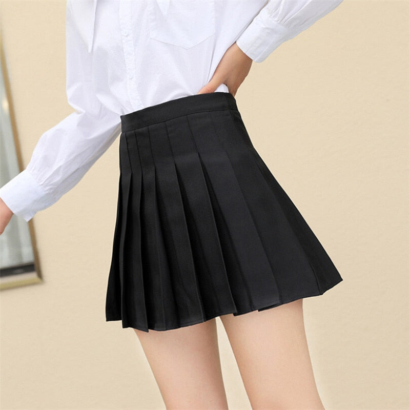 Women High Waist Pleated Skirts Girls Tennis School White/Black Mini Skirt Uniform Female Loose Casual Short Bottoms