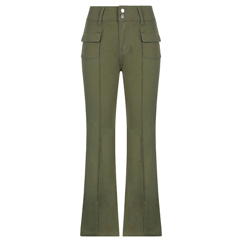 PrettysWomken y2k Green Cargo Jeans Pockets High Waisted Flare Pants Women Vintage Harajuku Sweatpants Streetwear Women Korean Jeans