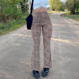 Fashion Leopard Pattern Flare Pants E-girl Vintage Slim Animal Print High Waist Long Pants Wild Autumn 90s Outfits